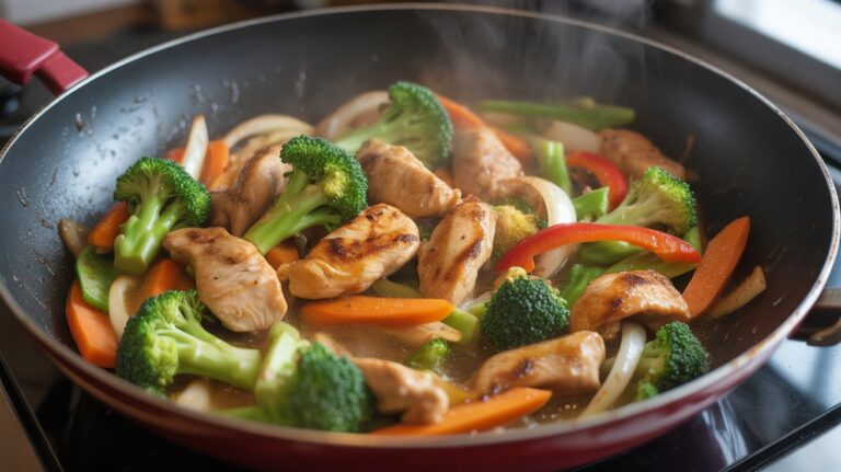 quick and simple chicken stir fry recipe cooked in 20 minutes with vegetables in a pan