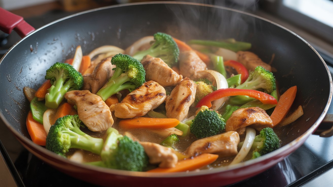 quick and simple chicken stir fry recipe cooked in 20 minutes with vegetables in a pan
